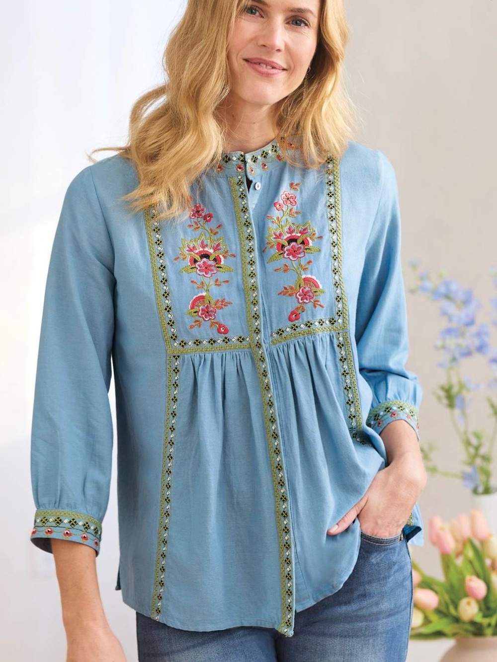 NorthStyle Light Blue Embroidered Button-Down Peasant Top